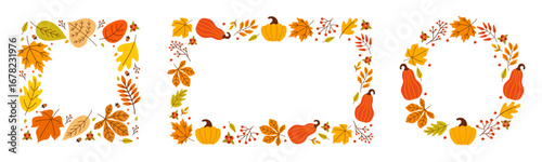 Season set frames of autumn leaves, pumpkins, flowers and branches. Harvest Festival. Vector illustration