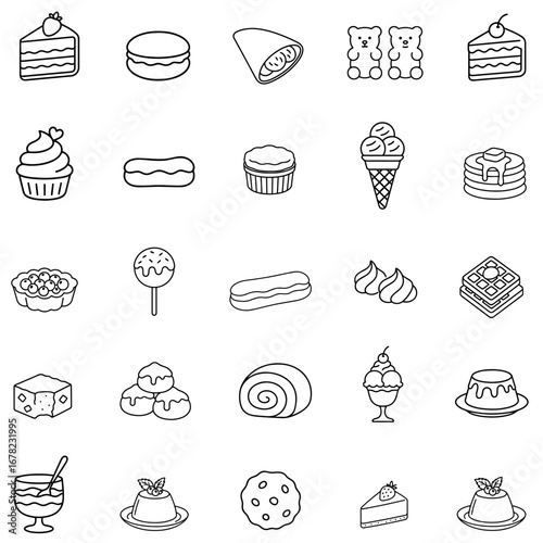 Set of bakery icons, such as cake, doughnut, bread, cheese, pie, tart