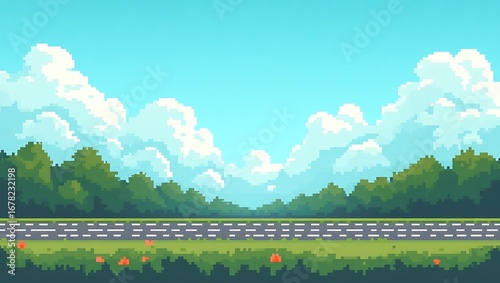 Pixelated Retro Landscape: Road, Trees, Clouds, and Sunny Sky