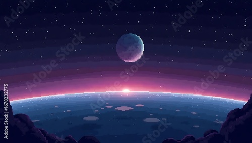 Pixel Art Space Scene: Retro 8-bit Game Level Background with Planet