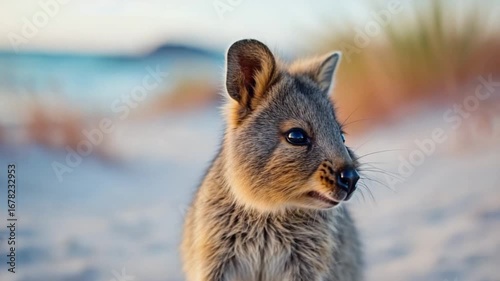 Adorable quokka with bright eyes smiles at the beach
