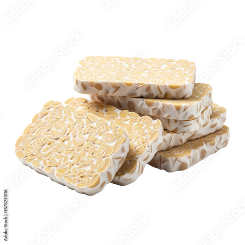 Multiple slices of fresh tempeh, a nutritious fermented soybean cake, are stacked. Ideal for plant based cooking and healthy meals.