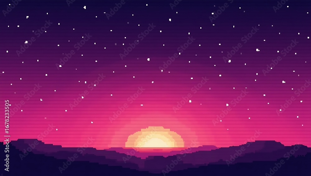 Obraz premium Pixel Art Sunset Scene: Night Sky with Stars over Mountain Silhouette