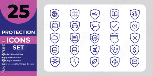 Set of 25 blue protection icons on white background