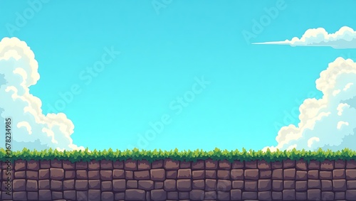 Pixelated Stone Wall with Green Grass and a Bright Blue Sky with Clouds