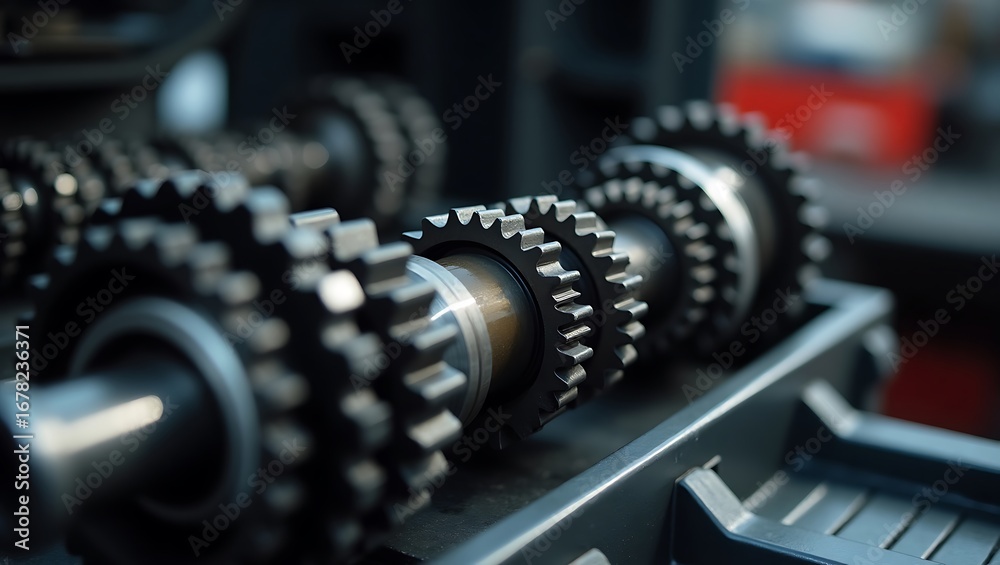 Naklejka premium Close-up of Gears and Shafts Arranged on a Table in a Workshop