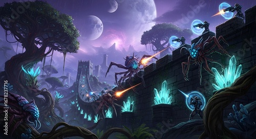 Intergalactic Conflict: A dramatic sci-fi illustration showcasing an intense battle on an alien planet, where futuristic soldiers confront robotic spiders amid a surreal.
