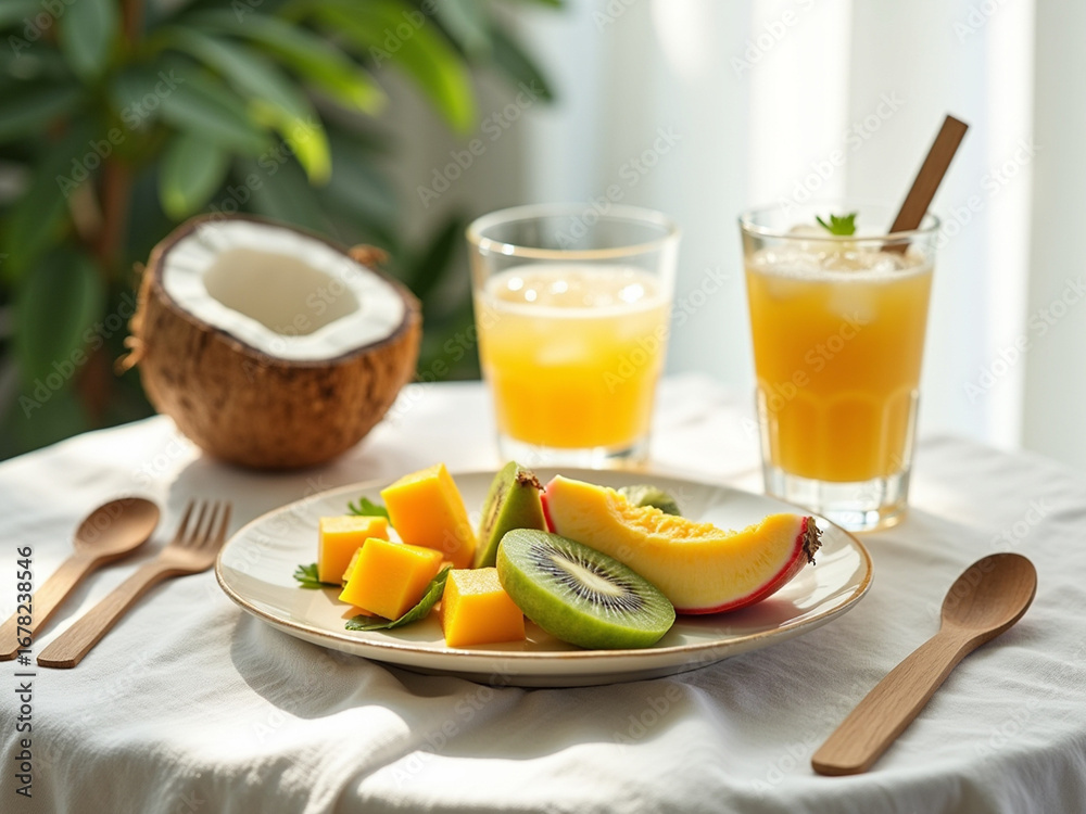 Fototapeta premium Bright Still Life with Tropical Fruit and Refreshing Juice Beverage
