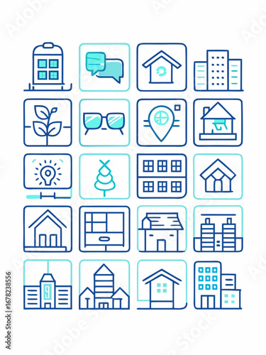 Clean vector real estate and property icon sheet, flat line minimal style, 100+ icons in a grid, transparent white PNG background, suitable for housing, rental, and investment platforms.