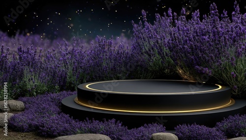 Black circular podium amidst lavender field at night
