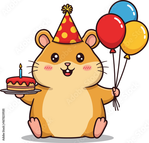 Cute Party Hamster with Balloons and Birthday Cake Illustration