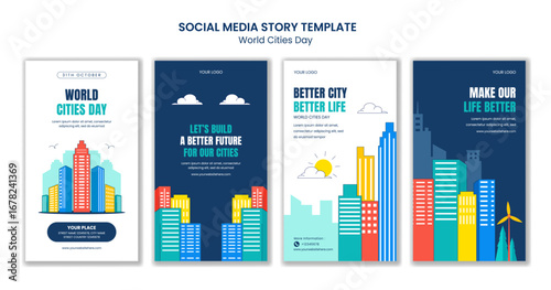 Social Media Stories Template for World Cities Day in Flat Cartoon Hand Drawn Style Illustration