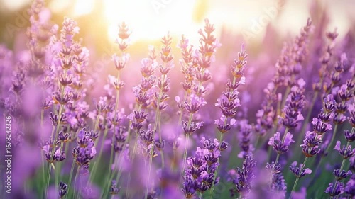 A tranquil lavender field basking in warm sunlight at sunset.