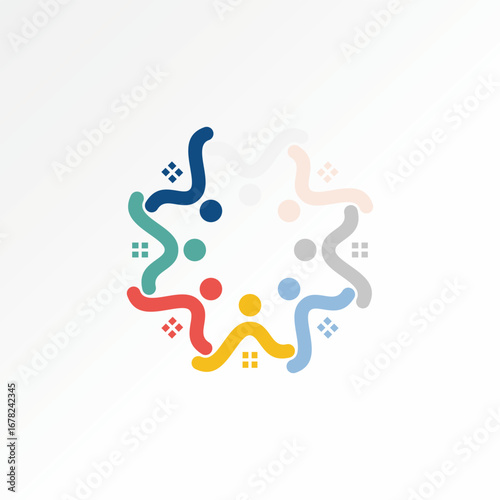 Logo design graphic concept creative premium vector stock image top sell 8 line roof house rotating window and people holding hands investment budget