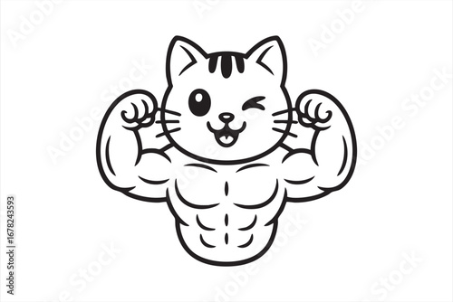 Cute muscular cat mascot vector with bodybuilding and fitness character design