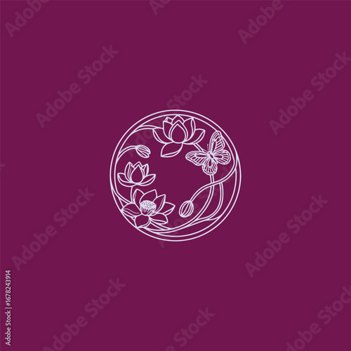 Butterfly flower logo in fine line art for modern identity.