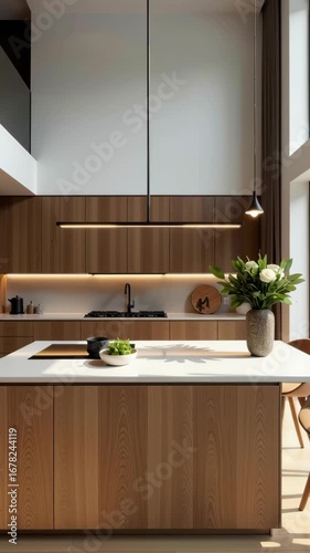 Bright Modern Kitchen Design with Wooden Cabinetry, Sleek Countertops, and Stylish Decor for Inviting Space