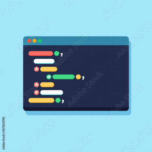 Abstract illustration of a dark code editor window with colorful syntax highlighting.