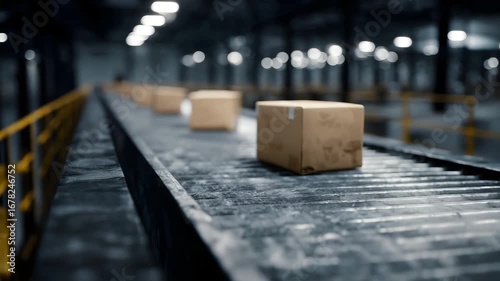 Busy warehouse packing line with boxes on a conveyor belt