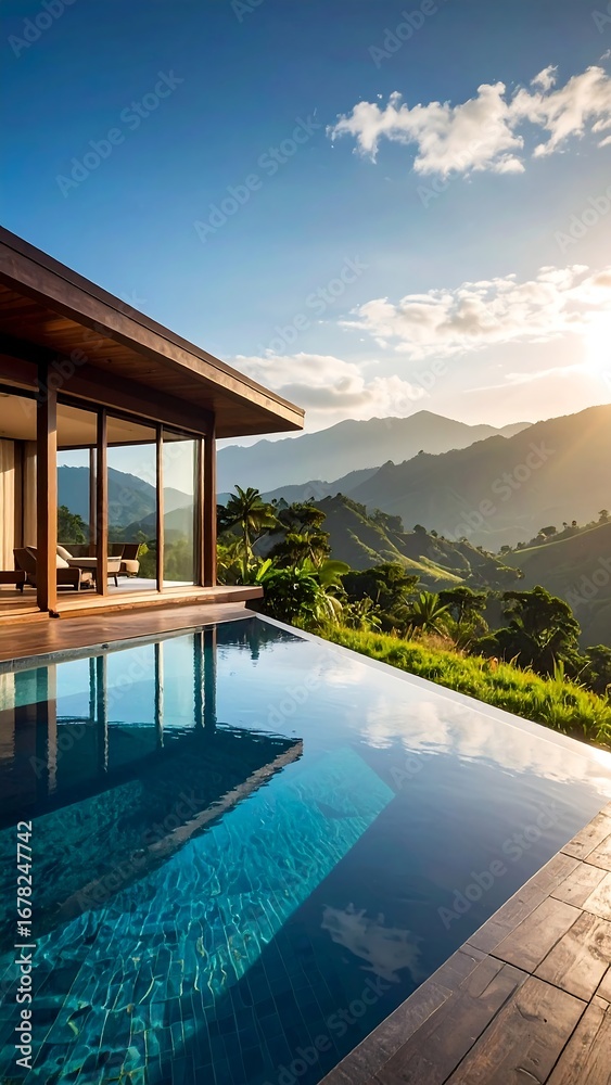 Fototapeta premium Modern luxury home with infinity pool overlooking mountains