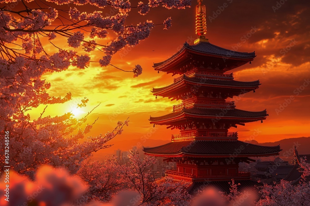 Obraz premium Scenic pagoda view during vibrant sunset
