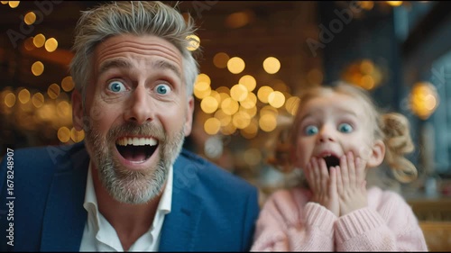Wallpaper Mural A father and his daughter share a joyful expression as they sit at a table in a busy restaurant. Both are surprised and enjoying their time together amidst a vibrant atmosphere. Torontodigital.ca