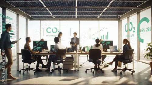 Team Meeting in Modern Green Office with Sunlight and Data Visualizations