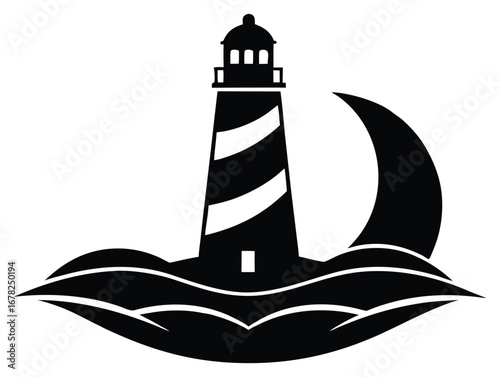 Black and white vector illustration of a lighthouse with waves around it
