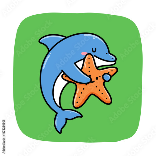 Blue cartoon dolphin hugs orange starfish with a sweet, content smile.