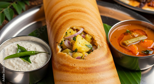 Delicious masala dosa with potato filling, coconut chutney, and sambar ready to eat now