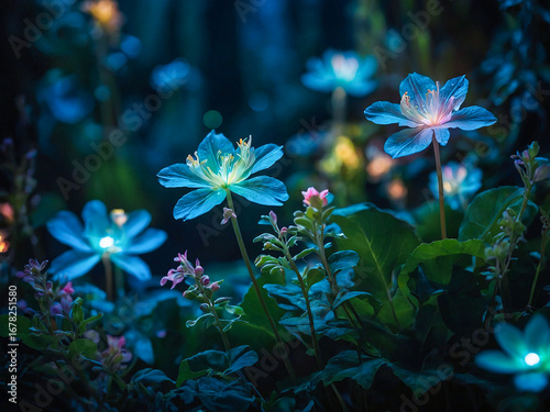 Cluster of luminous flowers glowing gently with mystical blueish light