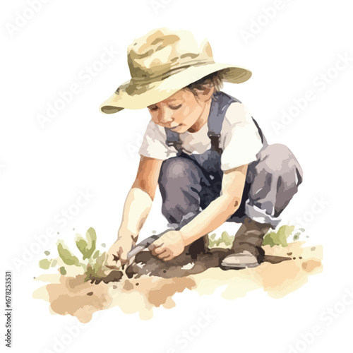 Child Gardener in a Light Beige Hat Planting a Seedling