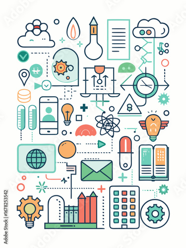 Flat vector science and technology icon sheet, clean minimal line style, 100+ icons in a grid, transparent white PNG background, ideal for research, innovation, and STEM projects.