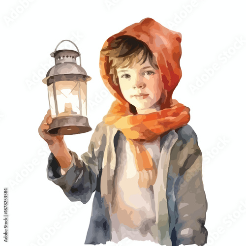 Boy in orange hood holding a vintage lantern casting a soft glow