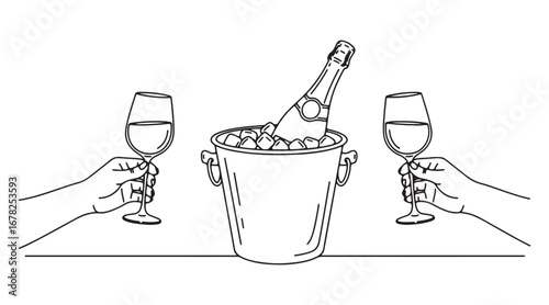 Party Decoration Feature. A Champagne Bottle in Ice accompanied by Human Hands holding Glasses of Wine. Minimalist Design in Outline Contour Drawing Style. A Symbolic Doodle Silhouette Line Art