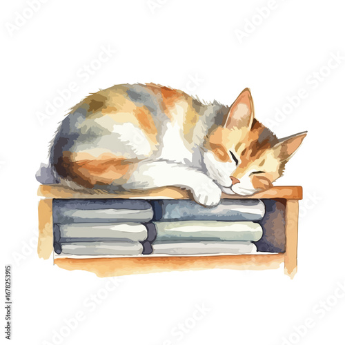 Calico Cat Napping Peacefully on a Stack of Folded Towels