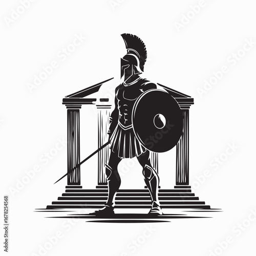 Silhouette of Warrior Inside Building Minimalist Vector on white background