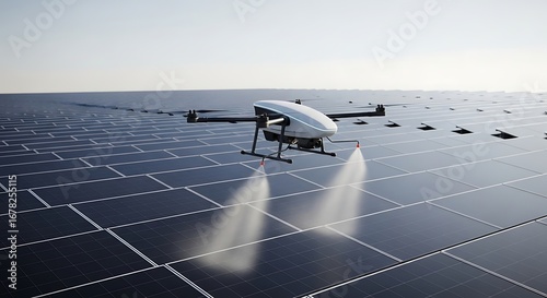 Drone cleaning solar panels on a large solar farm. Modern technology for efficient inspection, maintenance, and optimal performance of renewable energy infrastructure.
