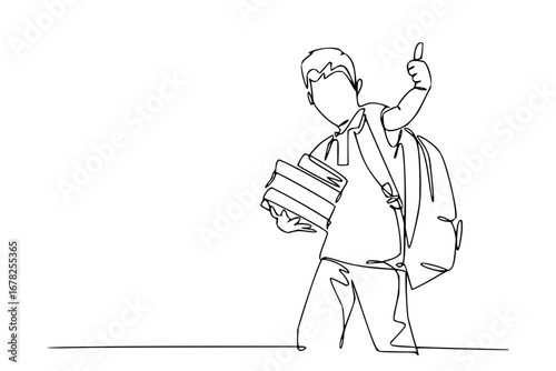 Confident student with books gives thumbs up, back to school success in simple line art style