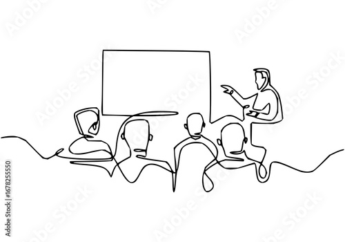 Dynamic continuous line drawing of business presentation showcases collaborative teamwork and professional development