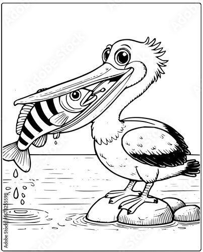 Delightful pelican catching fish illustration for children's books and coloring pages, playful design