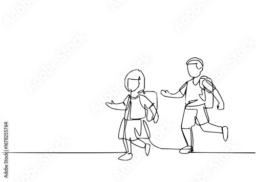 Kids heading to school with backpacks in a modern continuous line drawing style, back to school vibes