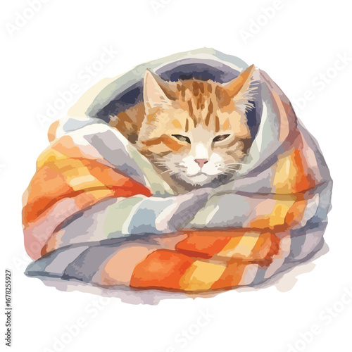 Cozy Feline Snuggled in a Striped Blanket Resting Peacefully Watercolor Style