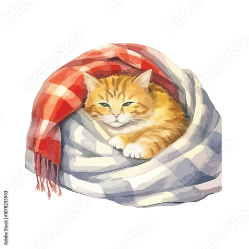 Cozy ginger cat nestled in a soft checkered blanket with a red plaid scarf