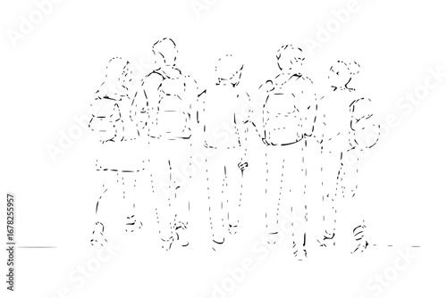 Dynamic line art showcases group of students with backpacks walking forward together now ready for learning