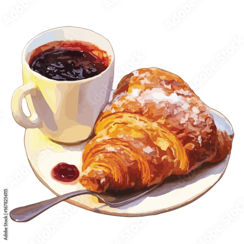 Croissant and Jam Breakfast Still Life with Spoon and Coffee Cup