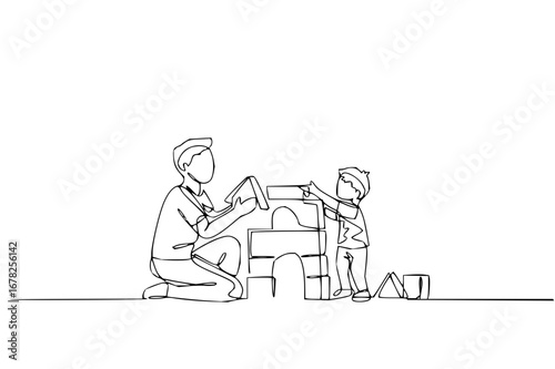 Heartwarming line art of father and son building together with blocks fostering family bonding time and creativity