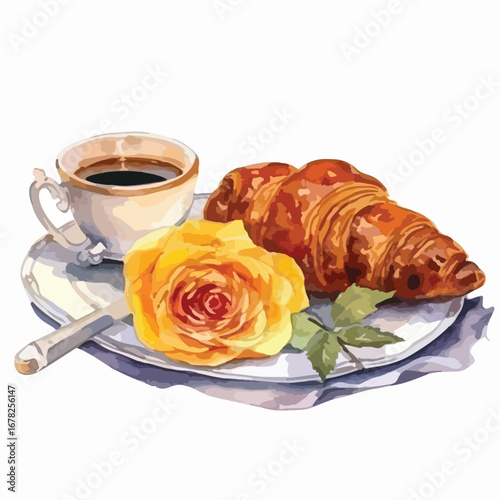 Croissant Coffee and Golden Rose Still Life on a Plate with Silver Knife