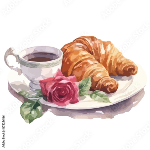 Croissants Coffee and Rose A Watercolor Breakfast Still Life on a Plate