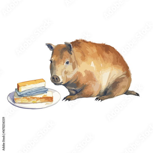 Curious Wombat Gazing at a Plate of Layered Colorful Food